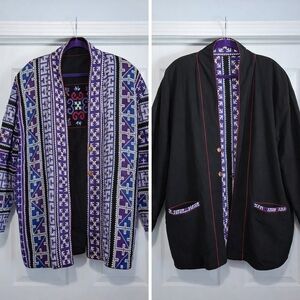 Vintage Handwoven Textile Jacket Artisan Embroidered Purple & Indigo Reversible